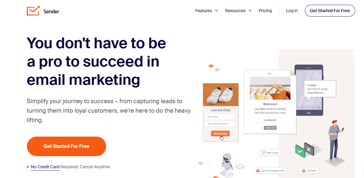 Sender platform interface showing email campaign builder and automation features